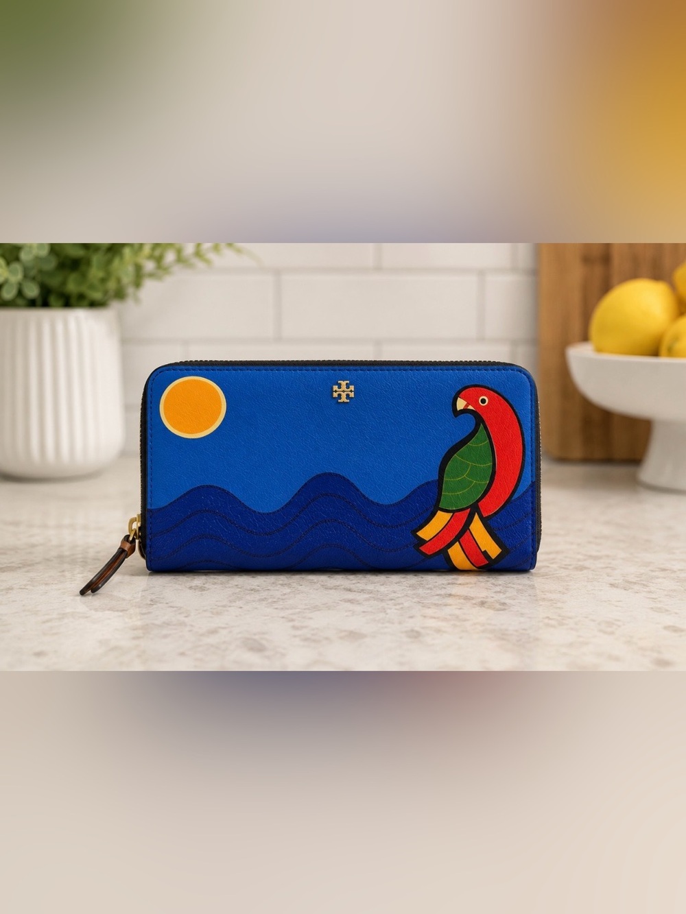 Tory Burch Royal Blue Zip Wallet with Red, Green & Yellow Parrot Motif